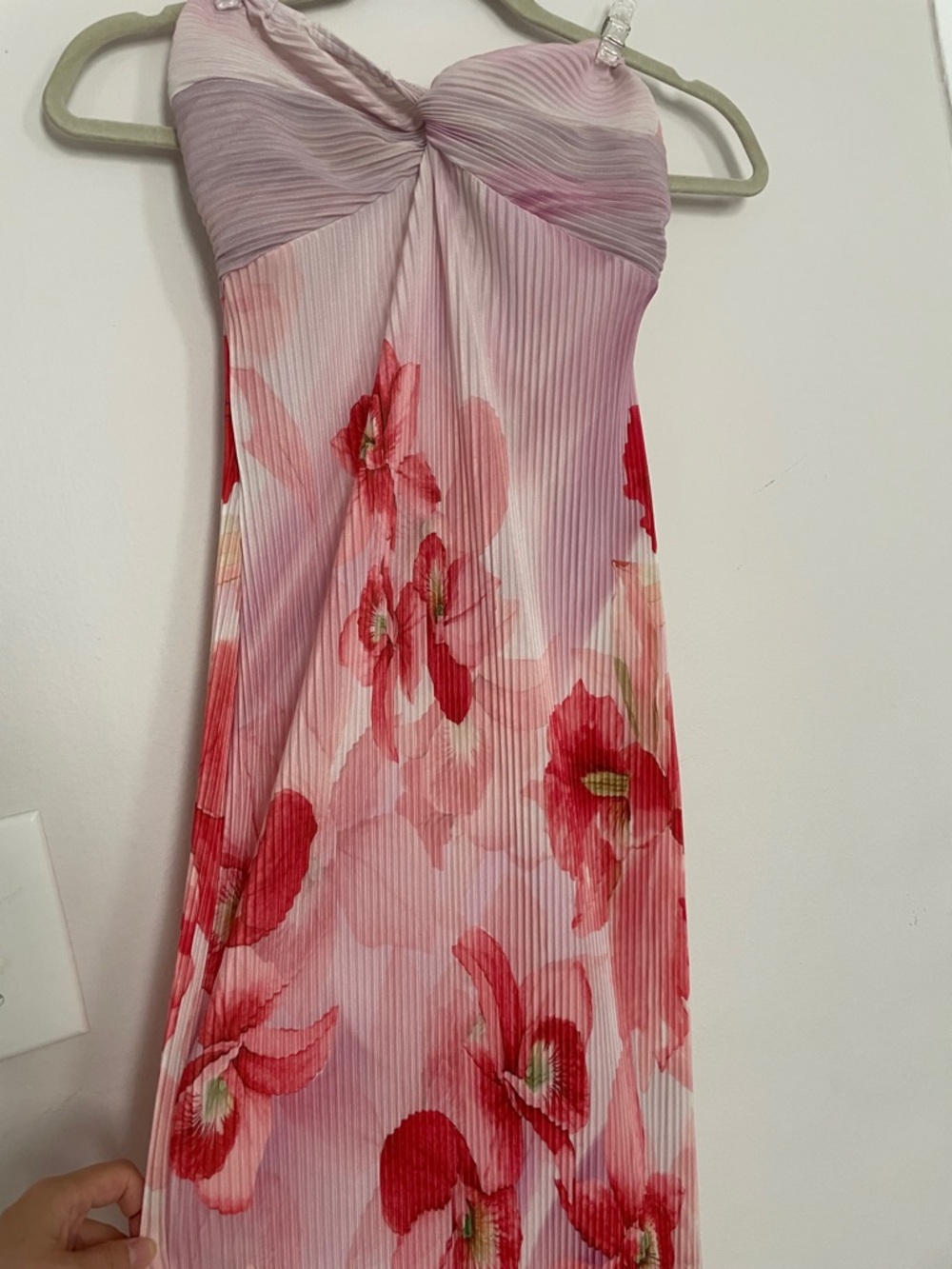 Pink Floral Pleated Strapless Maxi Dress